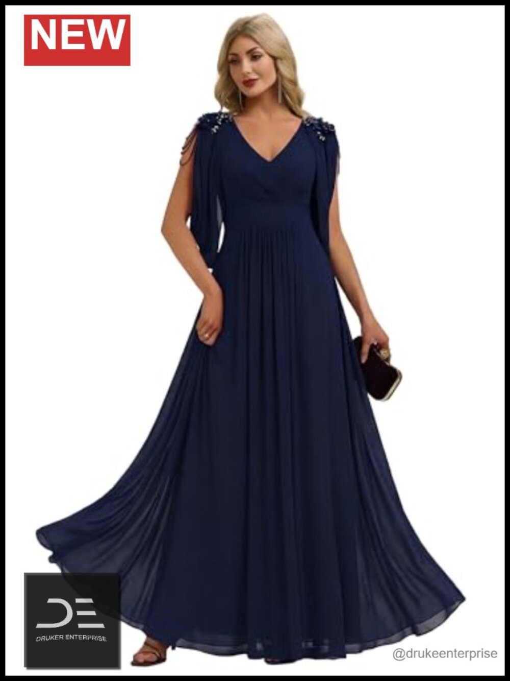 Ever-Pretty Chiffon V-Neck Formal Evening Dress Applique Sleeves Mother of Bride